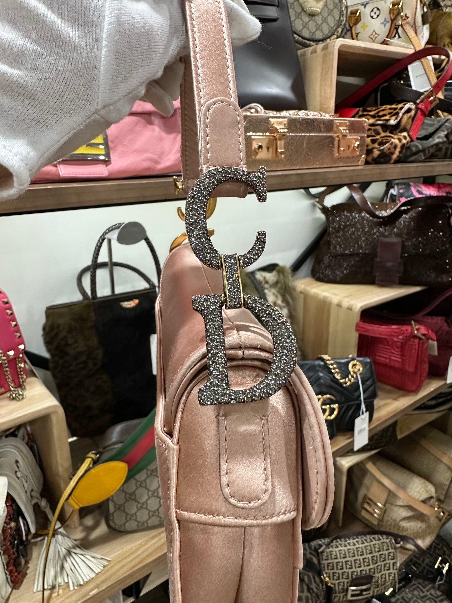 DIOR Saddle Mini Silk Pink with Crystal Buckle