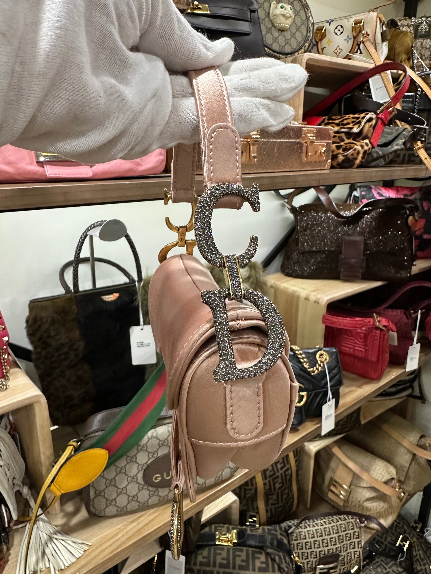 DIOR Saddle Mini Silk Pink with Crystal Buckle