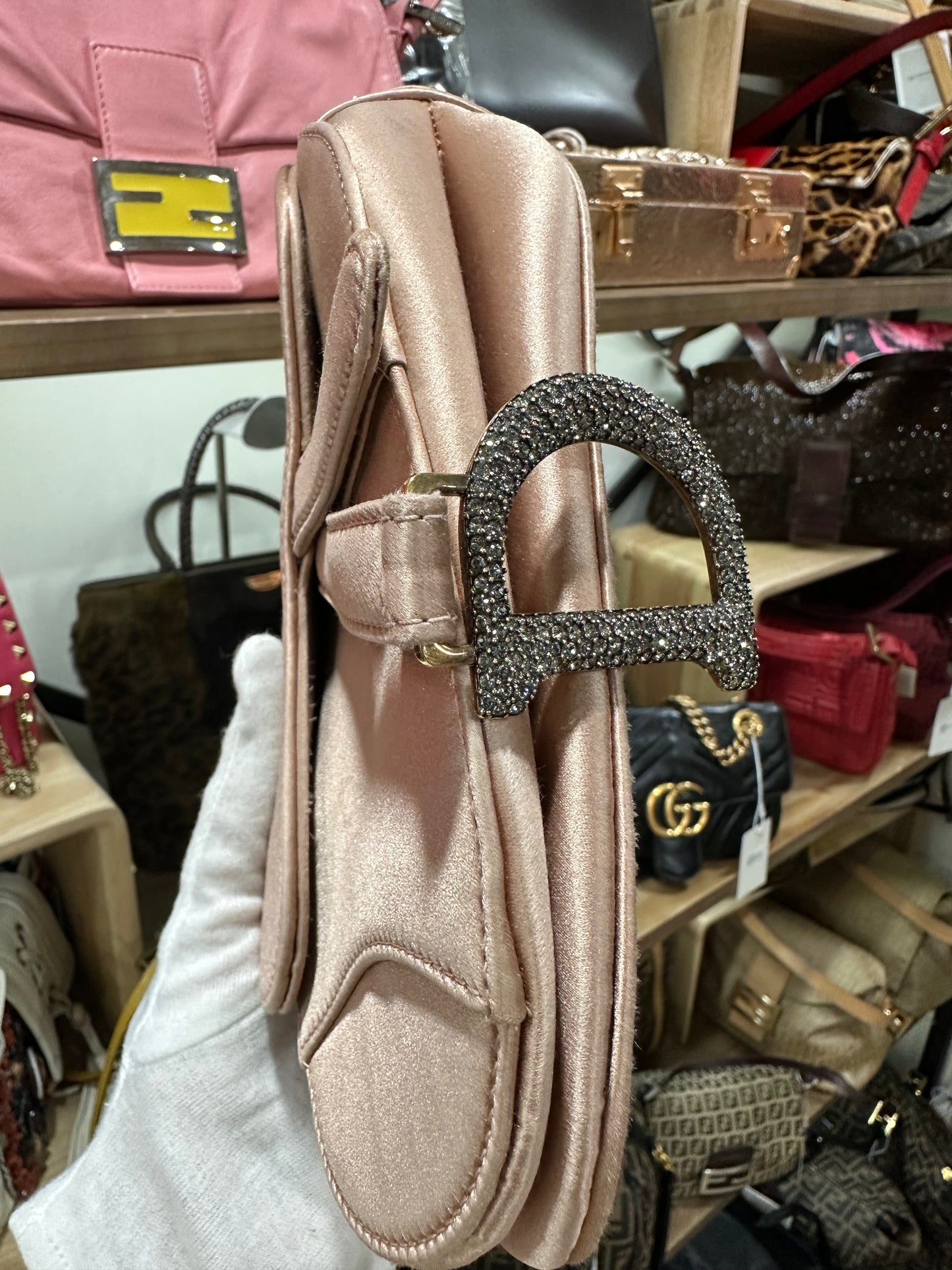 DIOR Saddle Mini Silk Pink with Crystal Buckle