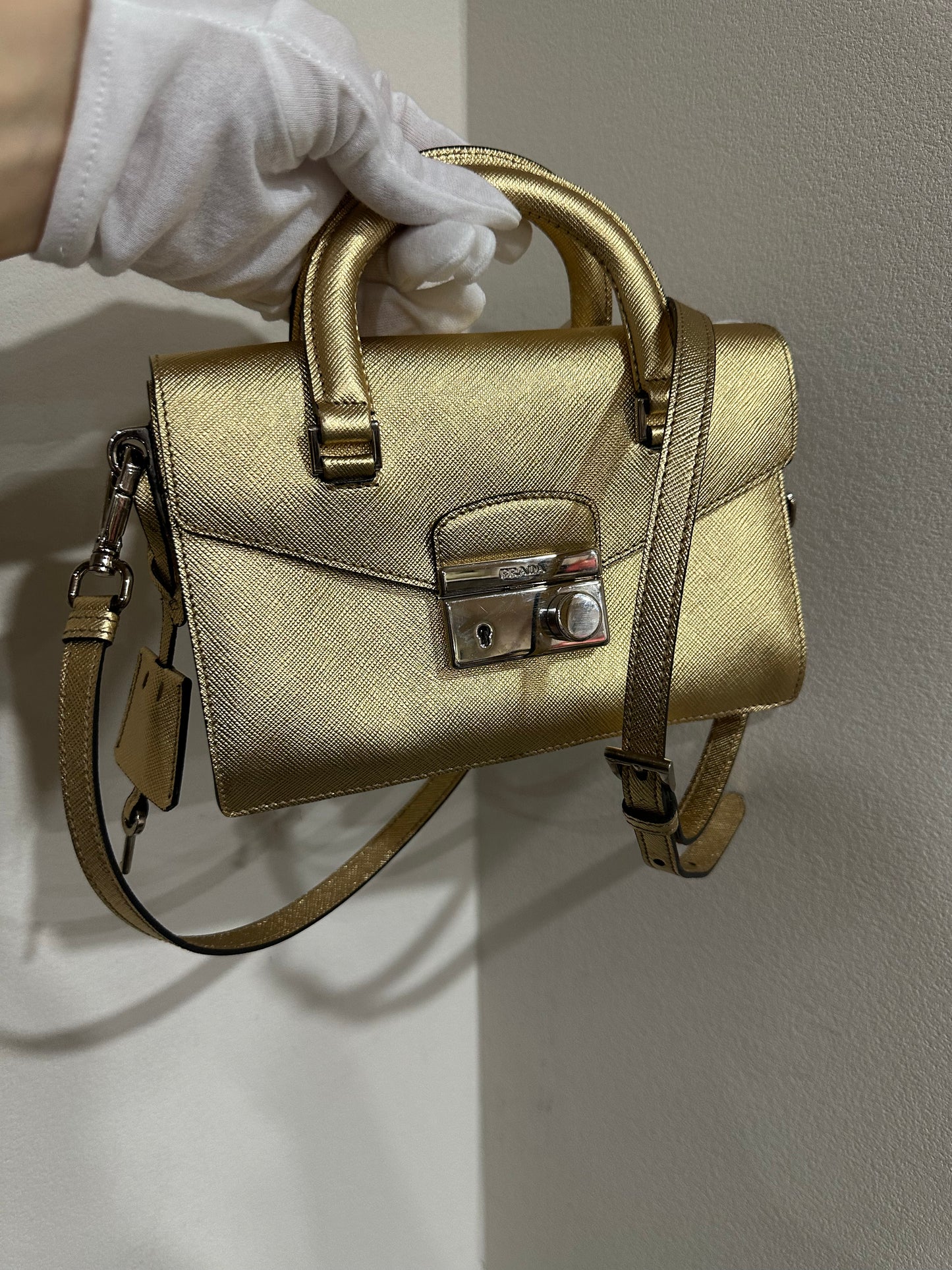 Prada Gold Saffiano Leather Mini Flap