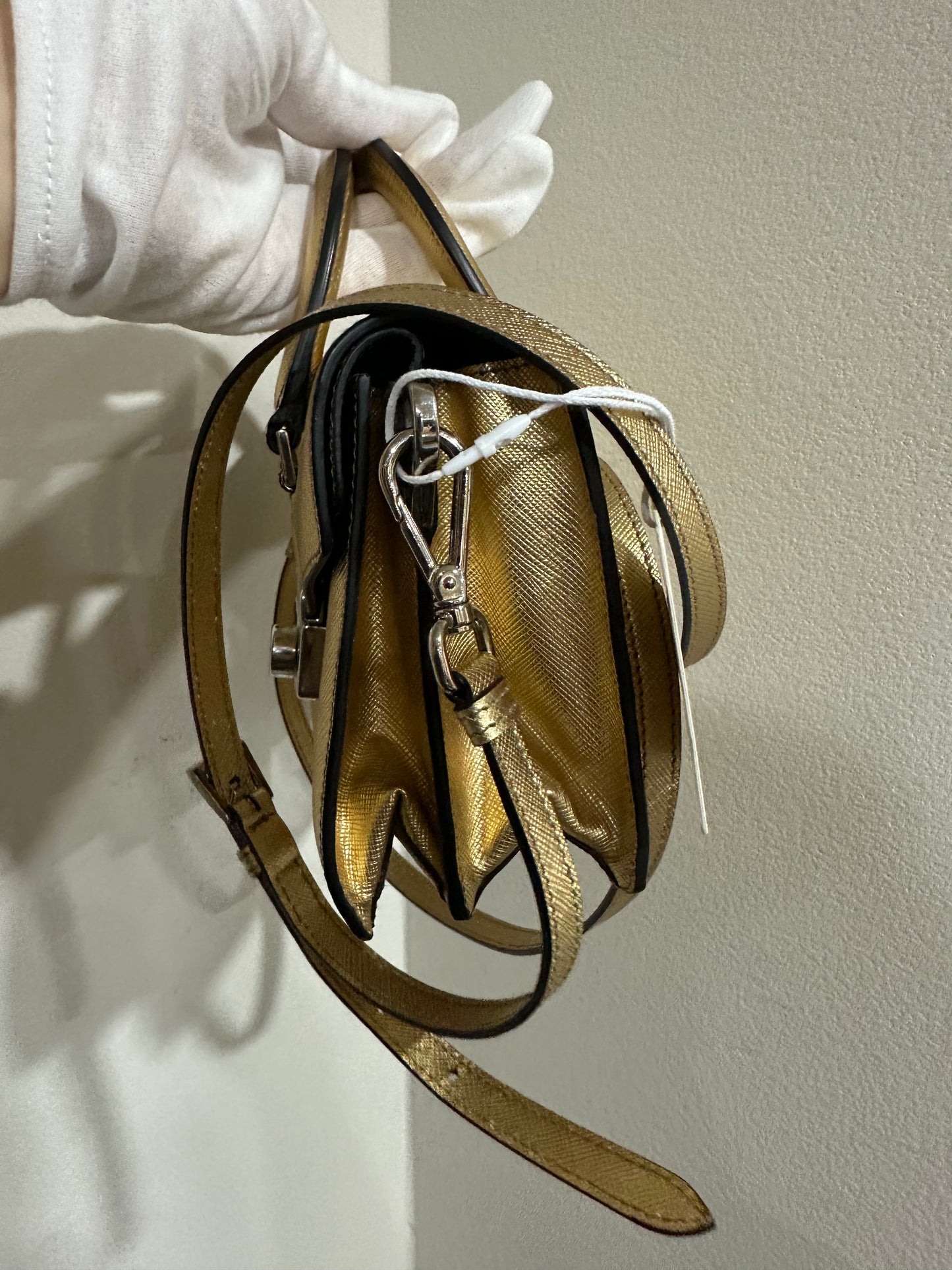 Prada Gold Saffiano Leather Mini Flap