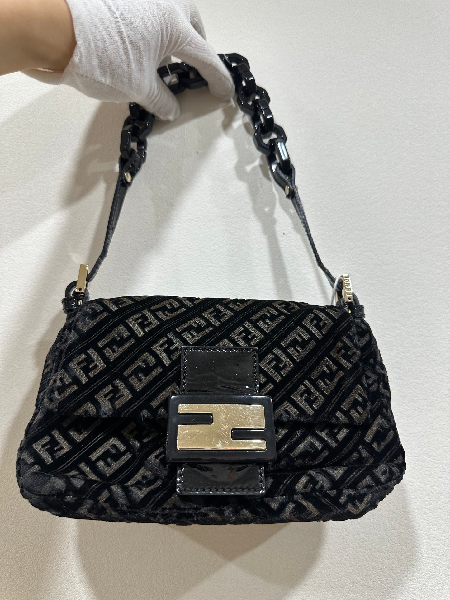 Fendi Zucchino Canvas Mini Mamma Baguette Shoulder Bag Velor Black