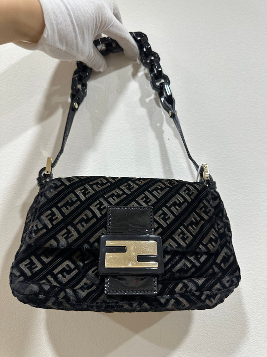 Fendi Zucchino Canvas Mini Mamma Baguette Shoulder Bag Velor Black
