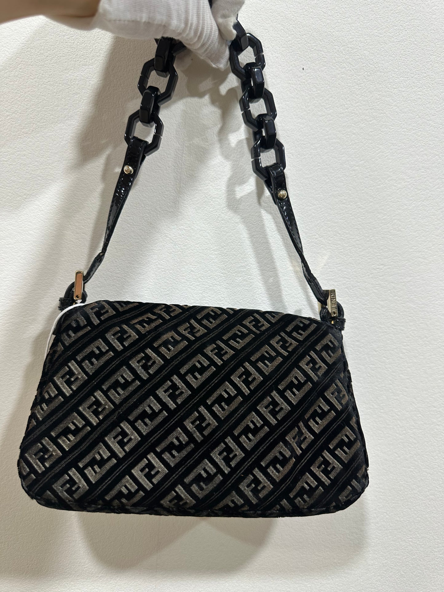 Fendi Zucchino Canvas Mini Mamma Baguette Shoulder Bag Velor Black