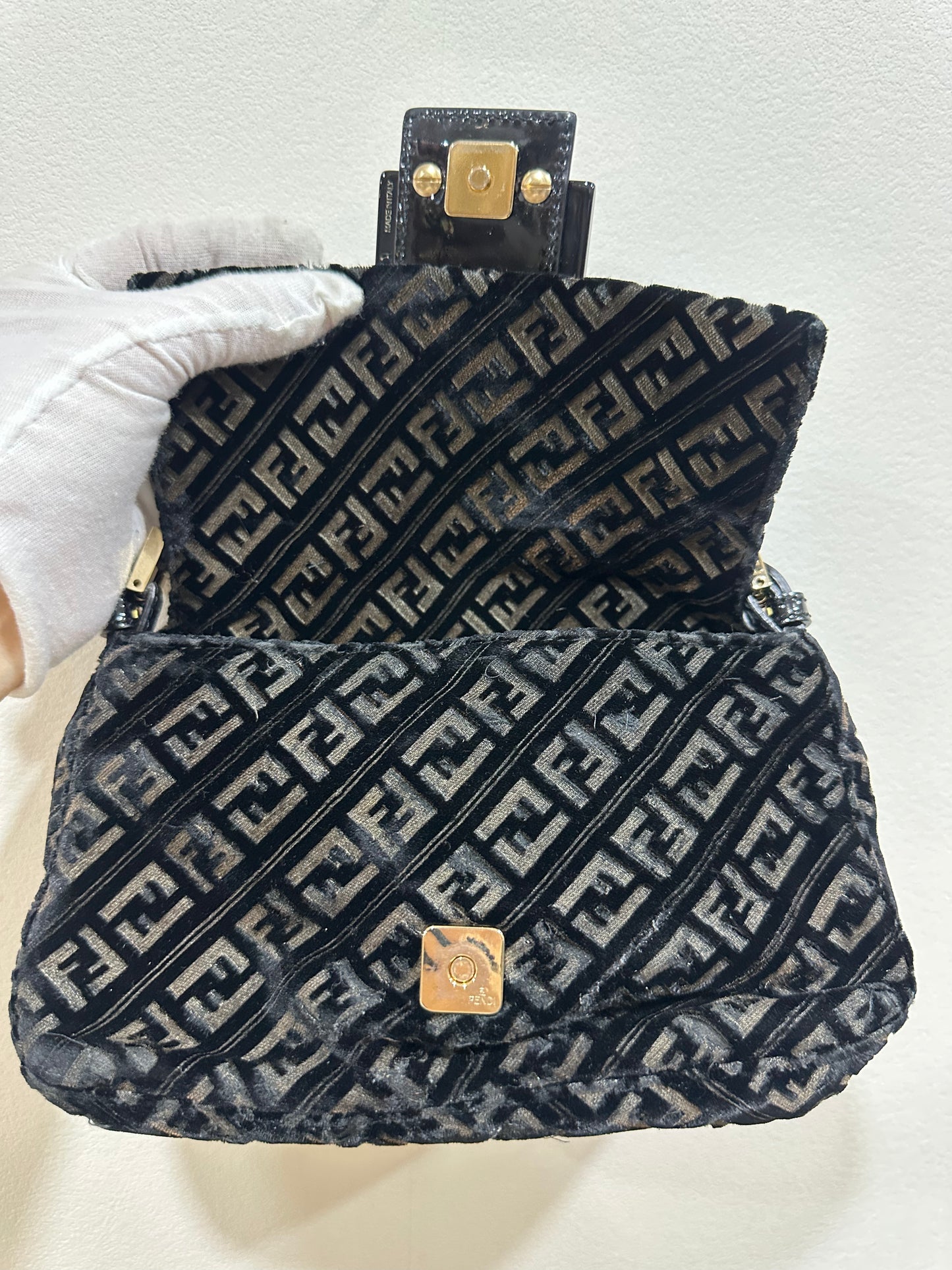 Fendi Zucchino Canvas Mini Mamma Baguette Shoulder Bag Velor Black