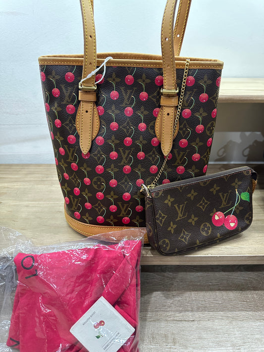 Louis Vuitton Murakami cherry bucket  with accessories pouch