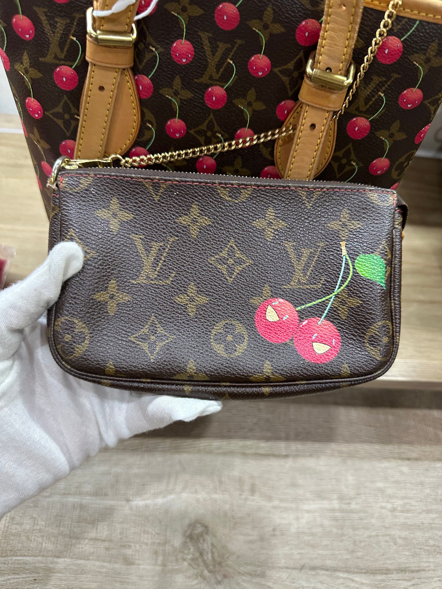 Louis Vuitton Murakami cherry bucket  with accessories pouch