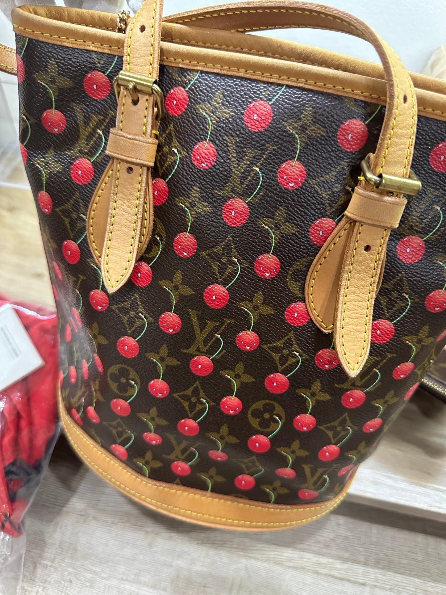 Louis Vuitton Murakami cherry bucket  with accessories pouch