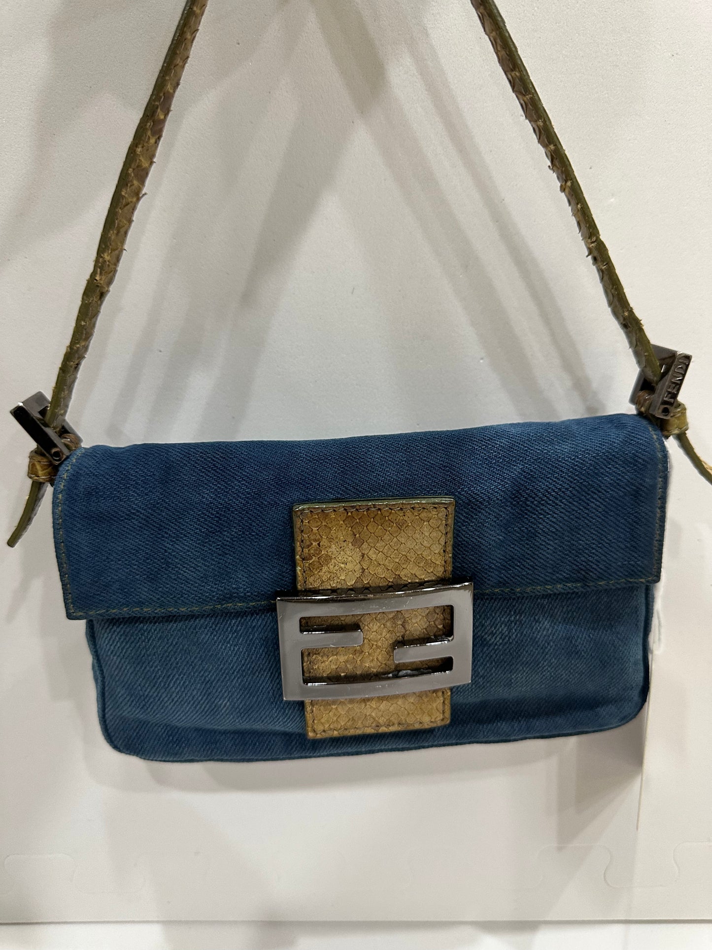 Fendi rare vintage denim baguette mini python leather
