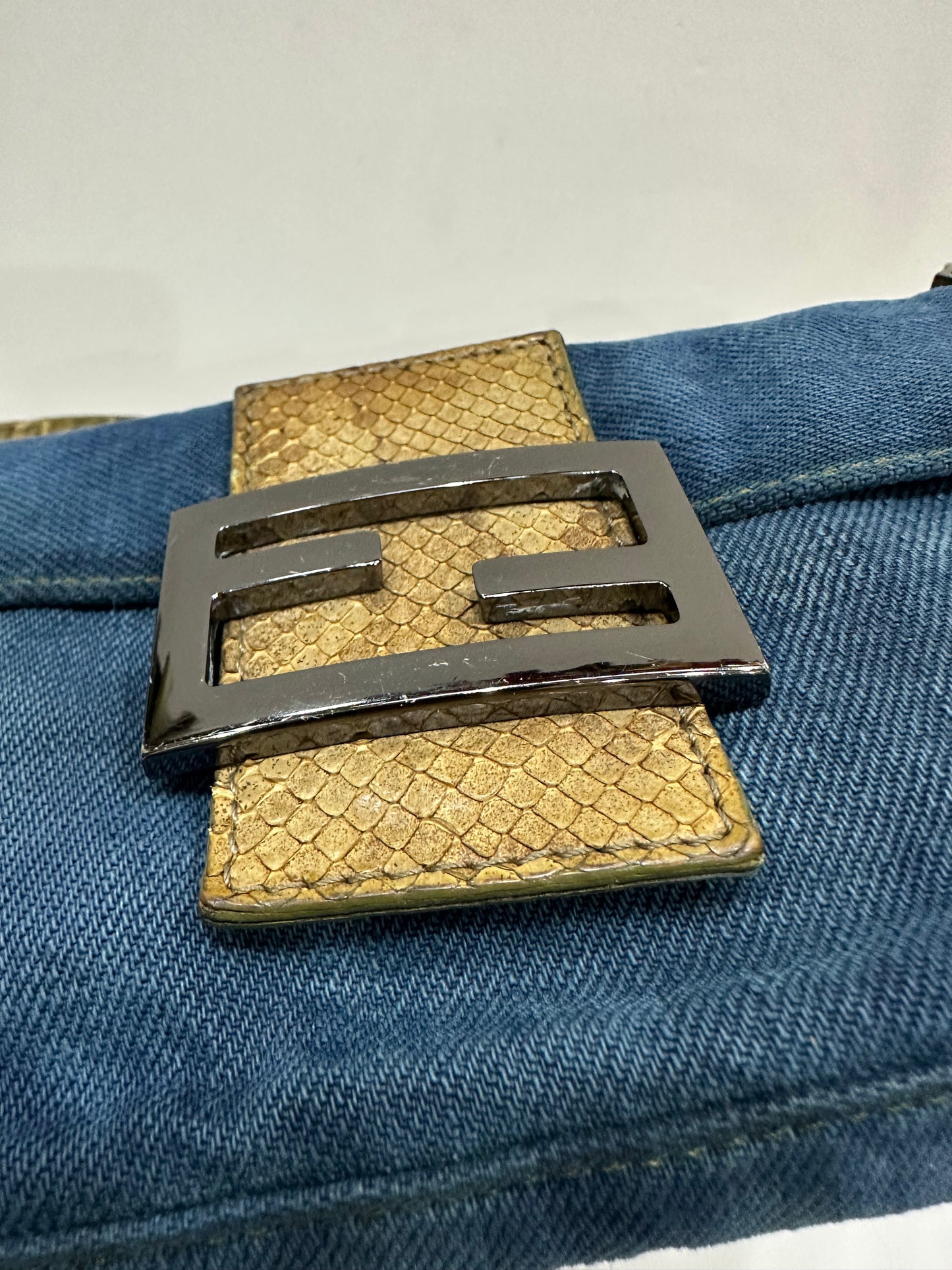 Fendi rare vintage denim baguette mini python leather