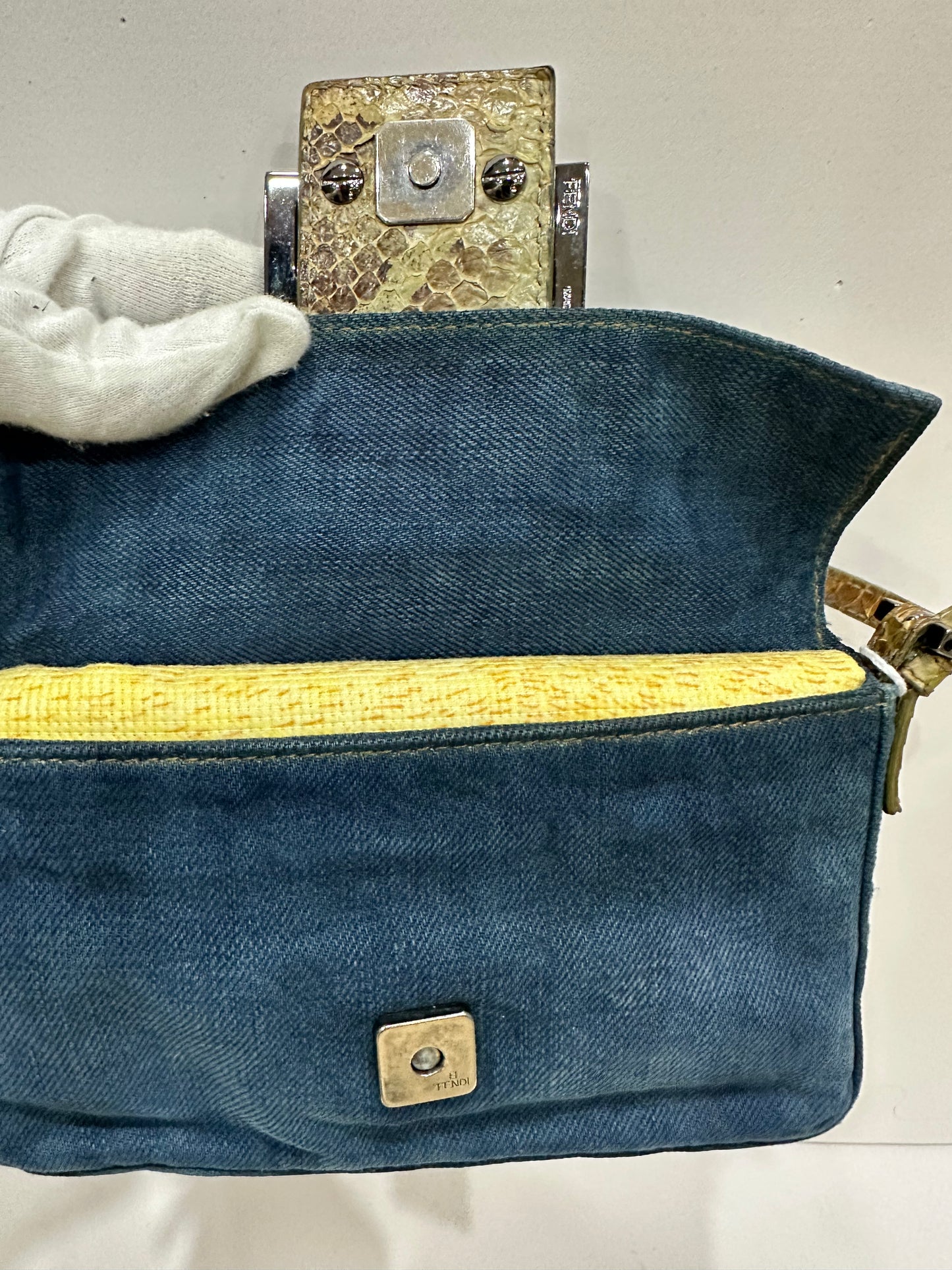 Fendi rare vintage denim baguette mini python leather