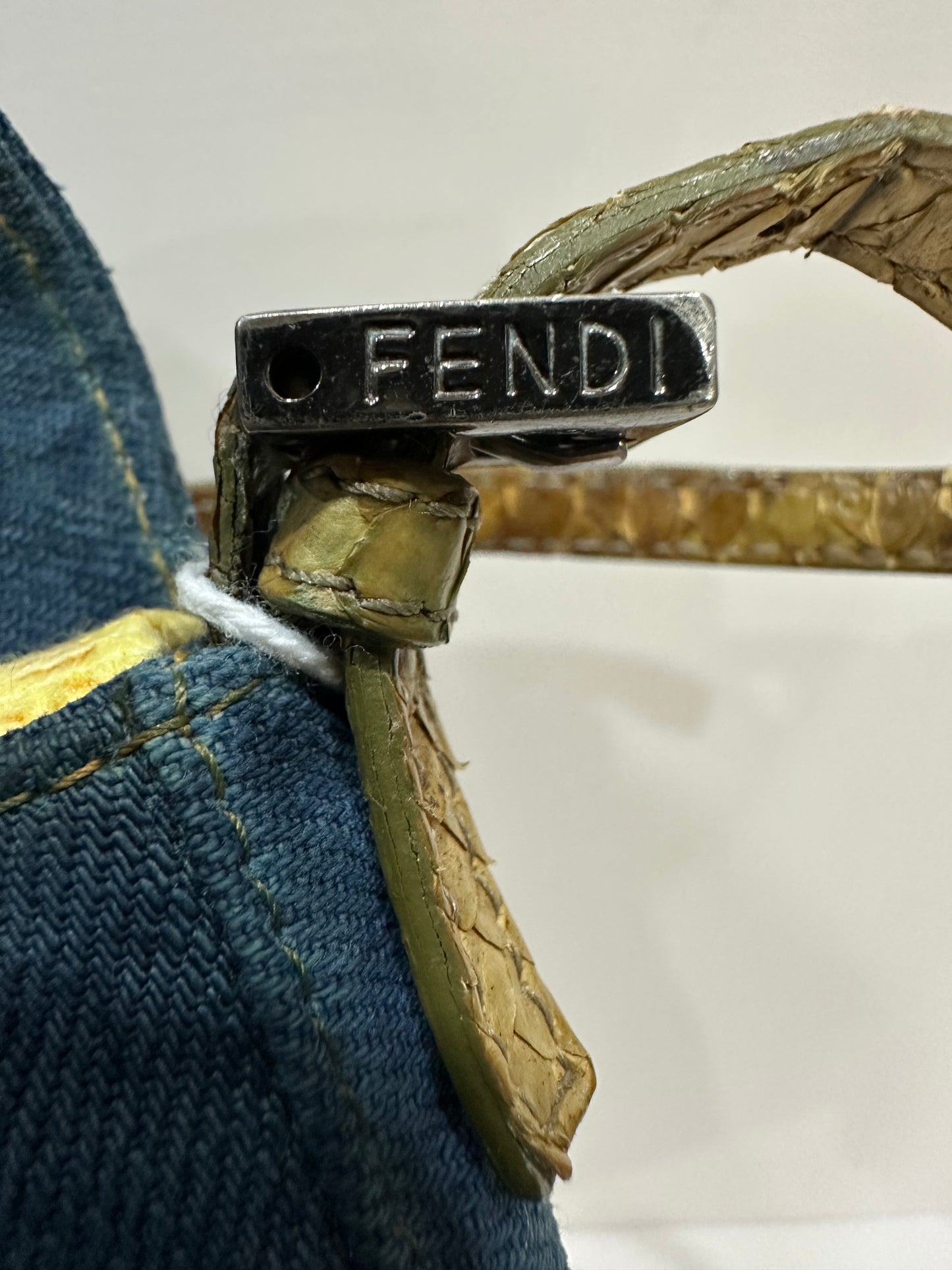 Fendi rare vintage denim baguette mini python leather