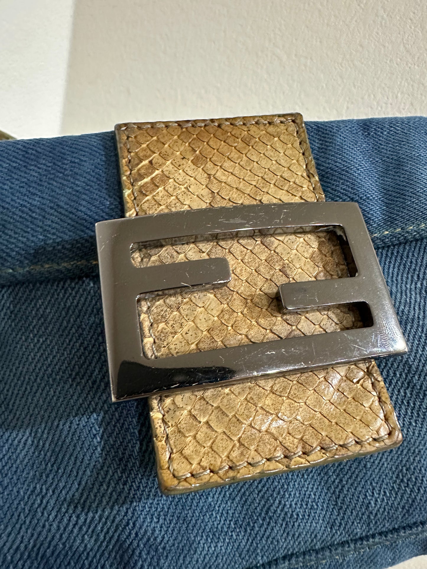 Fendi rare vintage denim baguette mini python leather