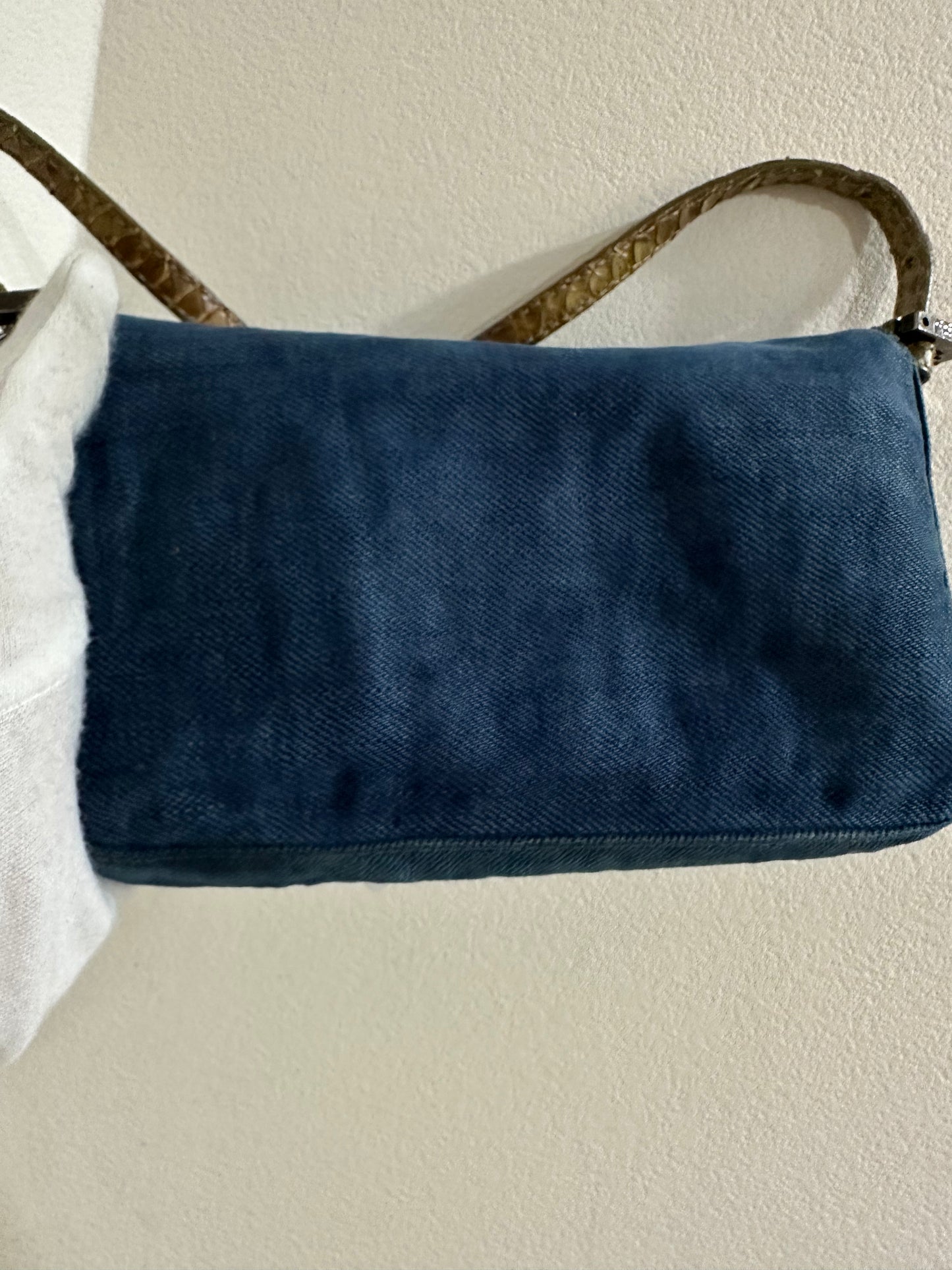 Fendi rare vintage denim baguette mini python leather