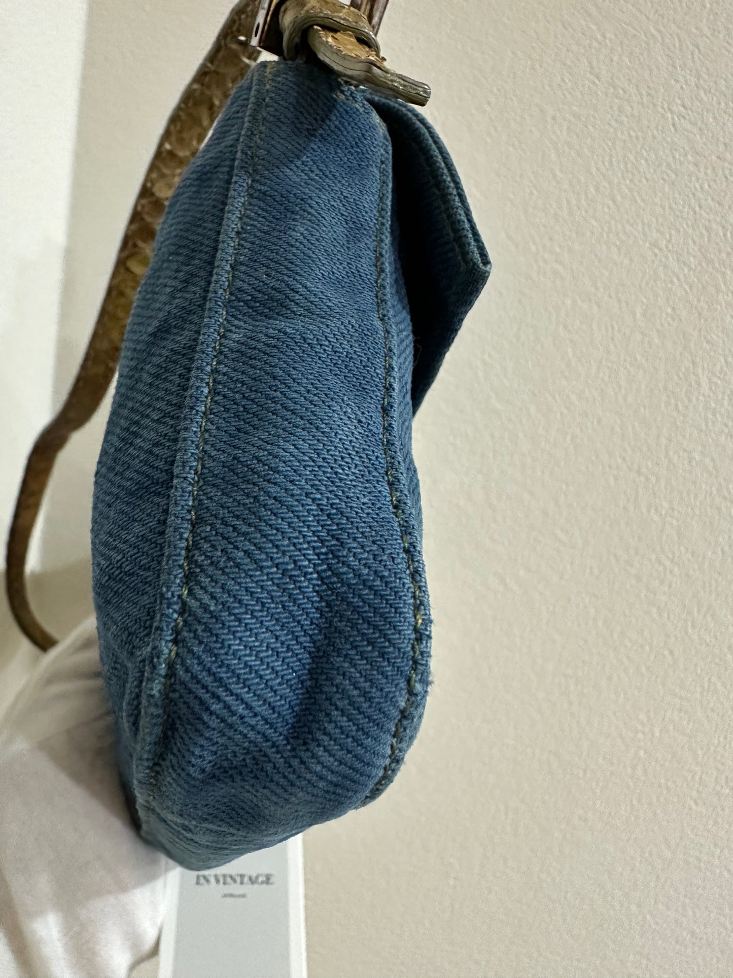 Fendi rare vintage denim baguette mini python leather