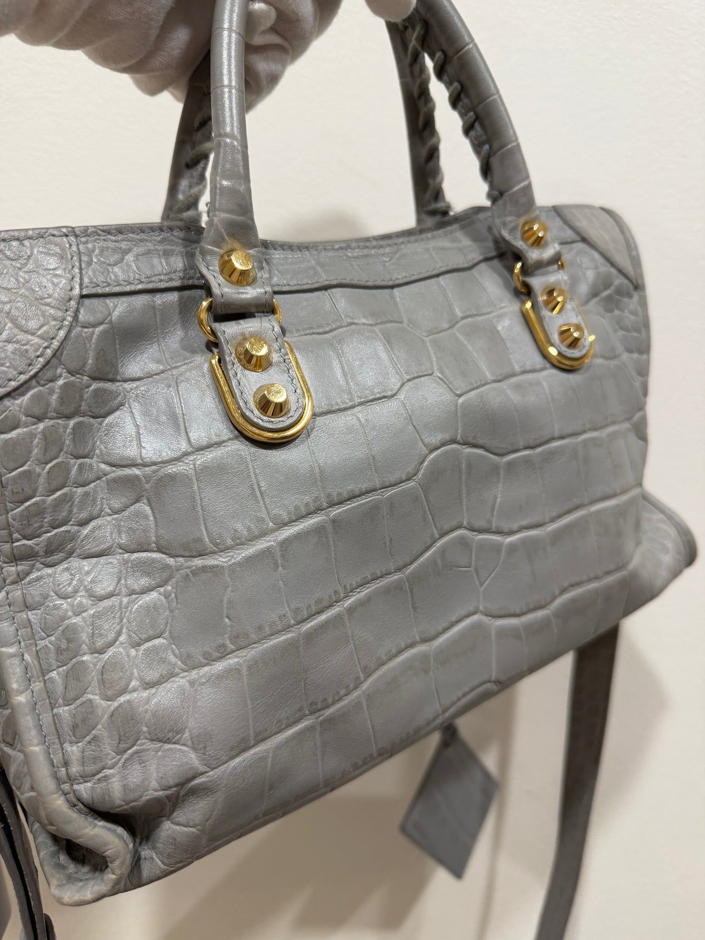 Balenciaga city small grey print croco metallic