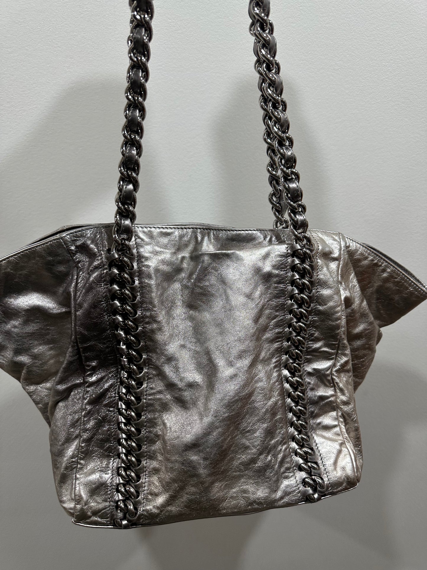 Chanel Metallic Cracked Calfskin Modern Chain Tote Silver