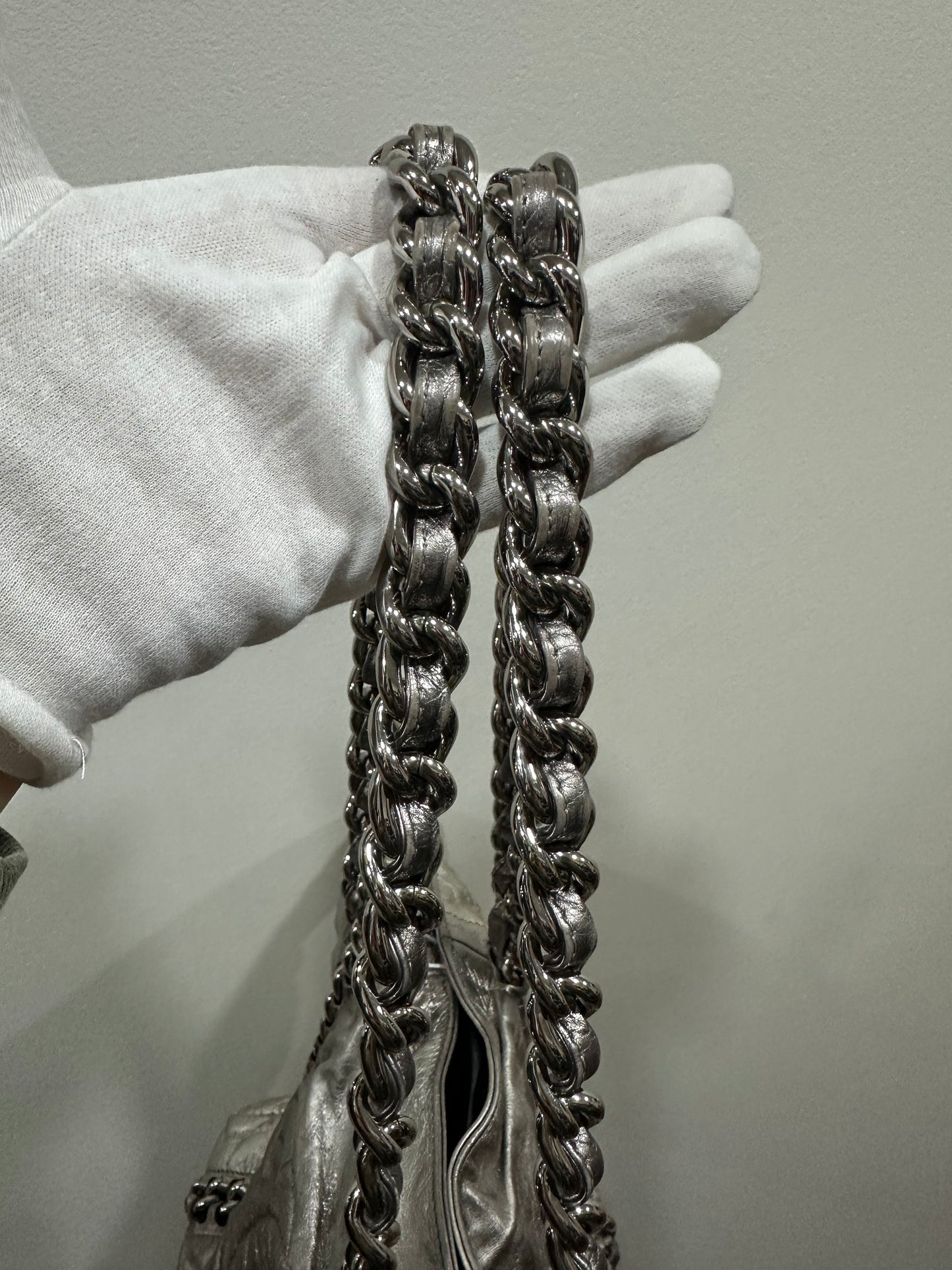 Chanel Metallic Cracked Calfskin Modern Chain Tote Silver