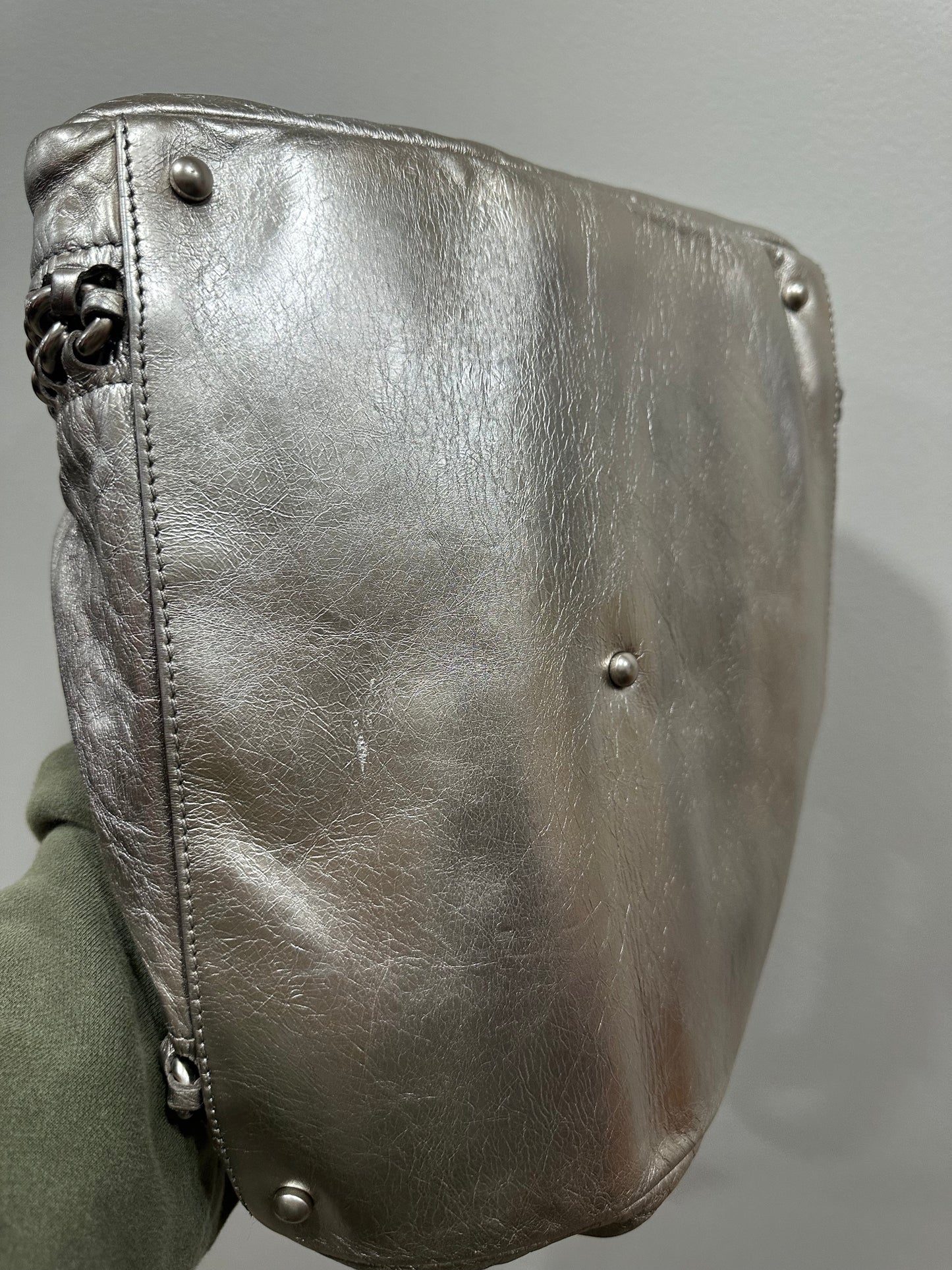 Chanel Metallic Cracked Calfskin Modern Chain Tote Silver