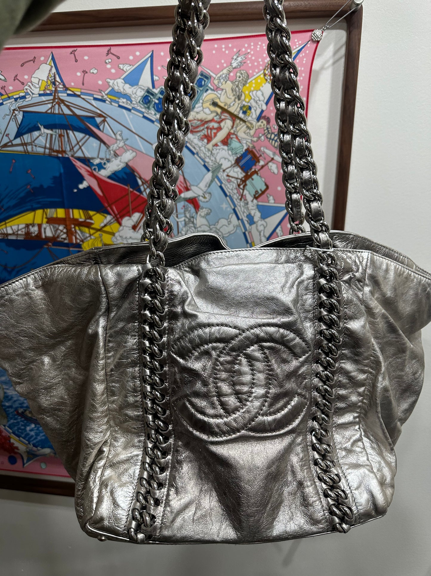 Chanel Metallic Cracked Calfskin Modern Chain Tote Silver