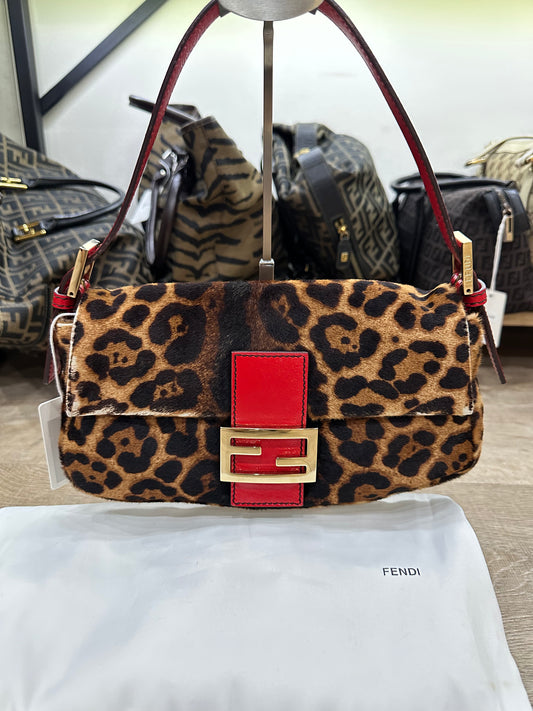FENDI BAGUETTE LEOPARD PONY HAIR SHOULDER BAG