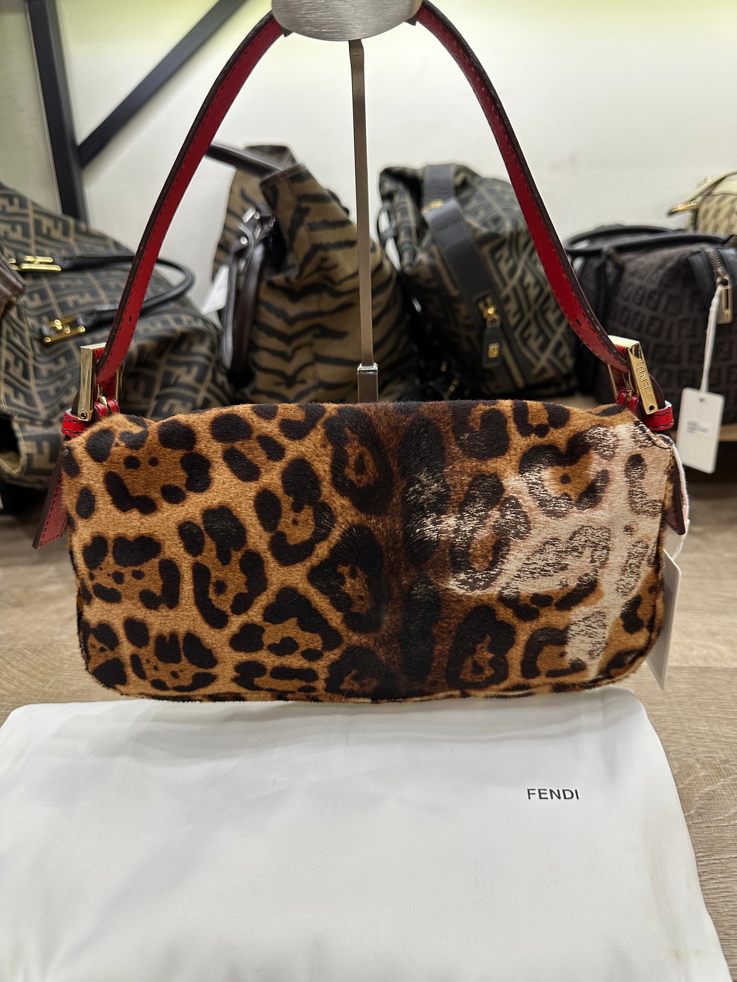 FENDI BAGUETTE LEOPARD PONY HAIR SHOULDER BAG
