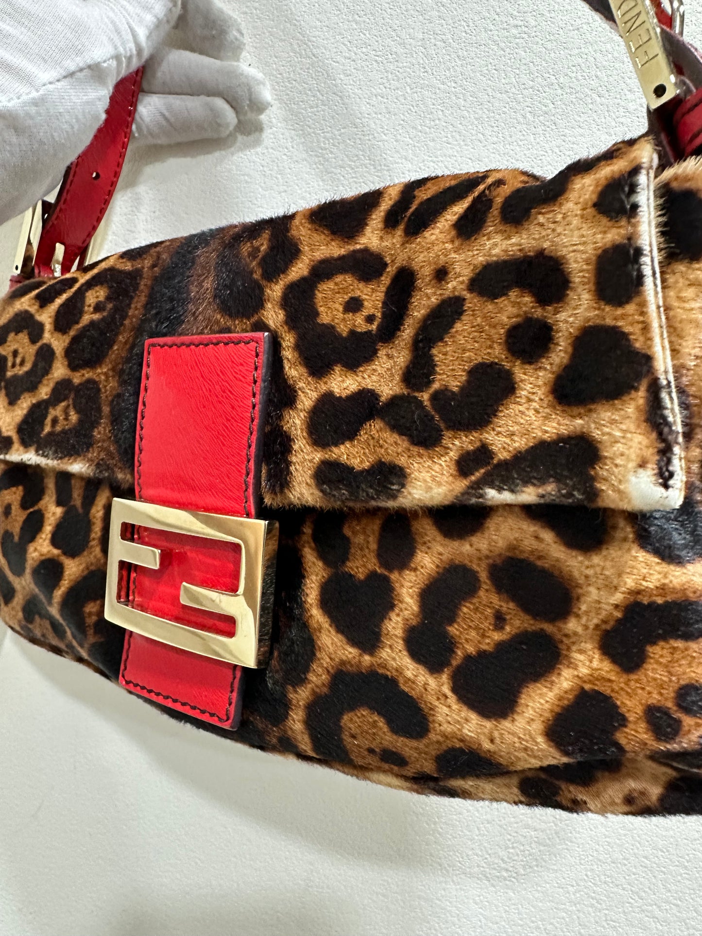 FENDI BAGUETTE LEOPARD PONY HAIR SHOULDER BAG